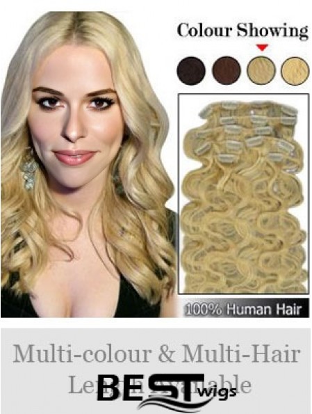 Designed Blonde Wavy Remy Human Hair Clip In Hair Extensions