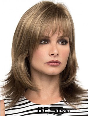 With Bangs Brown Wavy Shoulder Length 14 inch Sassy Medium Wigs