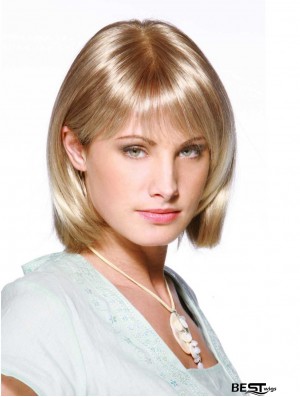 Long Bob Wigs With Bangs Monofilament Blonde Color Shoulder Length