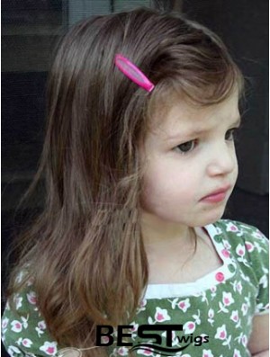 Straight Shoulder Length Brown Remy Human Hair Lace Front Kids Wigs