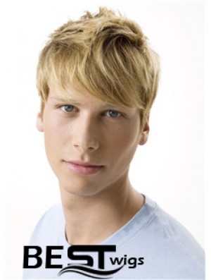 Remy Human 100% Hand Tied Short Wavy Blonde Wigs For Men