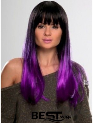 Sassy Ombre/2 Tone Long Straight With Bangs 22 inch Human Lace Wigs