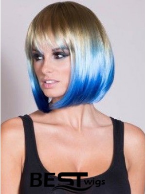 Discount Ombre/2 Tone Short Straight With Bangs 14 inch Human Lace Wigs