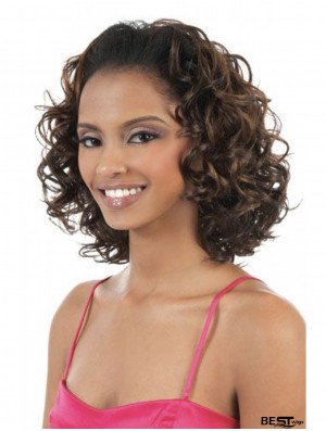 Curly Brazilian Remy Hair Brown Shoulder Length Top 3/4 Wigs