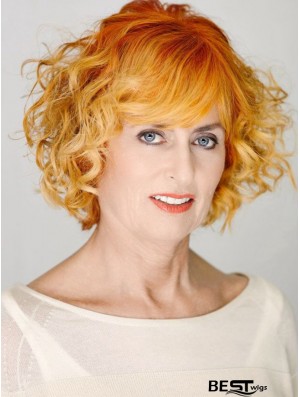 Fabulous Copper Chin Length Curly With Bangs 12 inch Human Hair Wigs